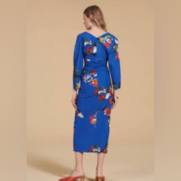 ZARA TRAF S/S 24 Hand Dyed Blue Floral Chinoserie Dress Draped Long Sleeve Sz M - Picture 2 of 12
